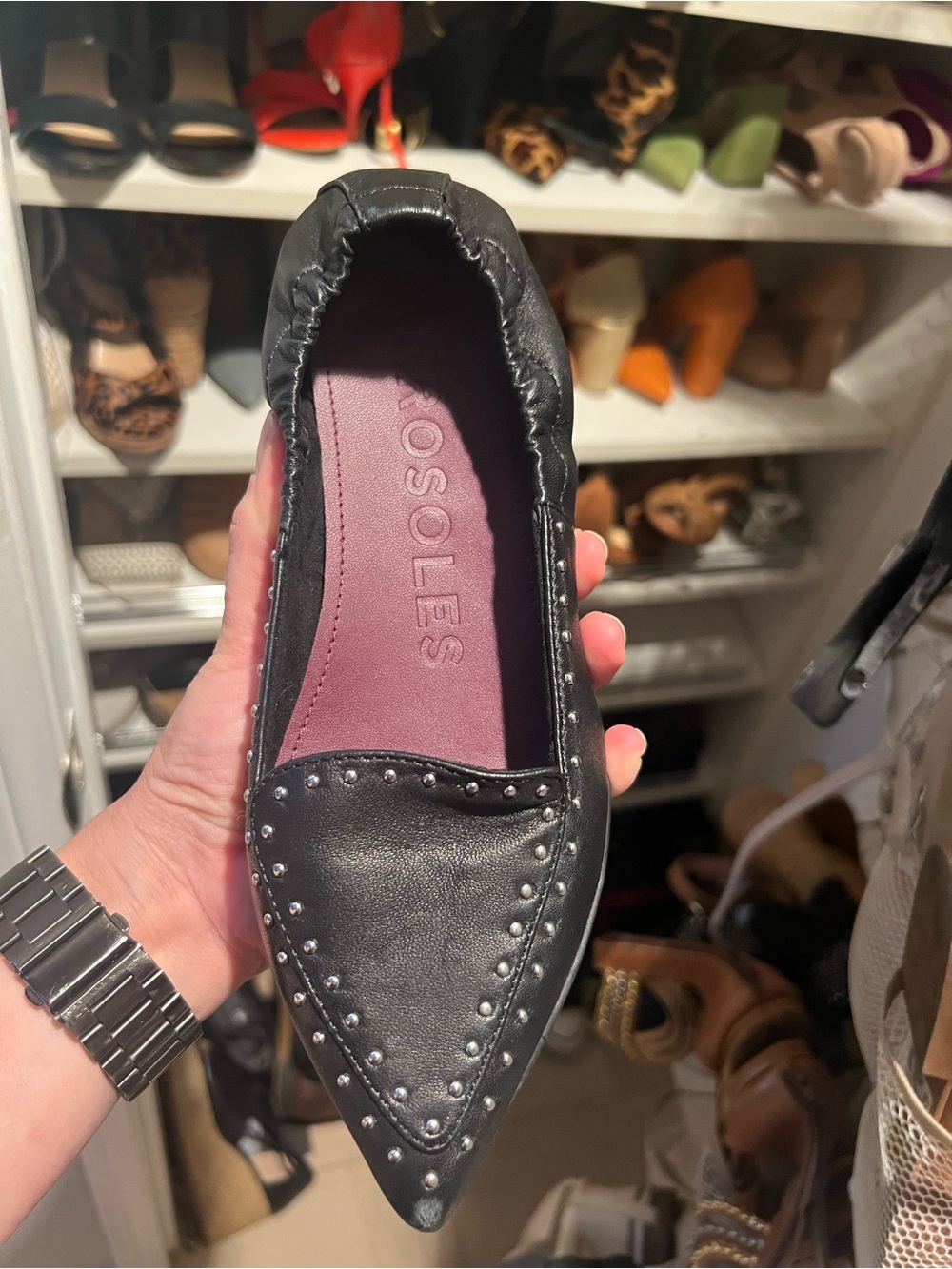 AEROSOLES Black Pointed Stud-Trim Ballet Flat - leather